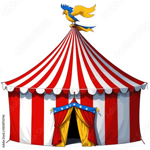 vector illustration of a traditional red and white striped circus tent topped with a decorative bird figure, representing carnival fun, entertainment, and magic show concept