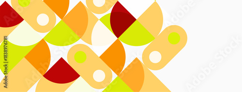 Abstract geometric pattern. Overlapping circles, semicircles create colorful texture. Warm tones dominate design, simple yet vibrant.