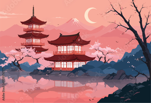 Serene Japanese landscape vector illustration featuring a traditional red pagoda temple, blooming cherry blossom trees, and Mount Fuji background under a crescent moon in a flat comic style