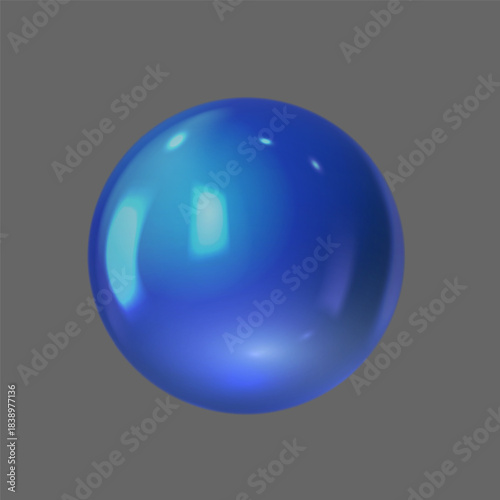 Realistic 3D blue glass ball with glares and highlights effect, vector volume glossy sphere, crystal bubble isolated