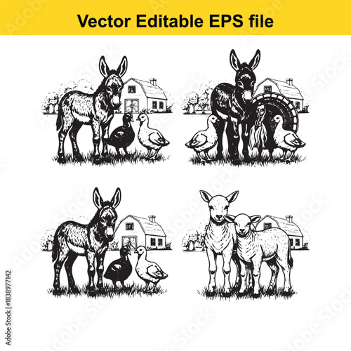  farm animals, donkeys, ducks, and sheep, with houses in the background, vector illustration
