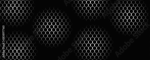 Dark hexagon abstract technology background with blue and green colored bright flashes under hexagon. Hexagonal gaming vector tech illustration black abstract background.Print