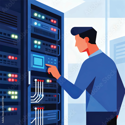 Illustration Of A Person Checking A Digital Server Rack, Indicator Lights, Connection Lines Vector Design Template