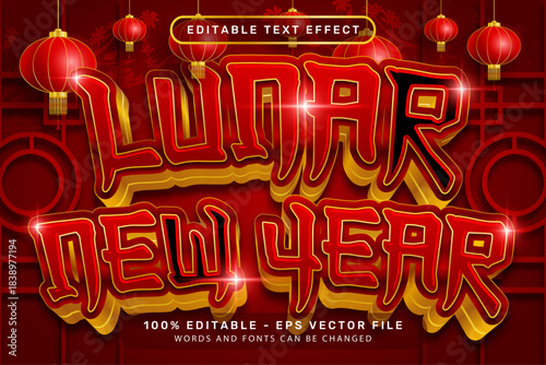 lunar newyear 3d text effect and editable text effect with lanterns and Chinese ornaments background