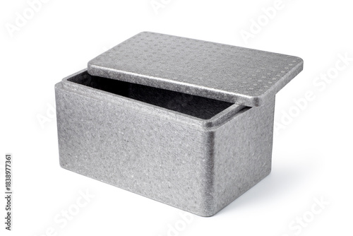 Fotografie Empty gray styrofoam box with lid on white background