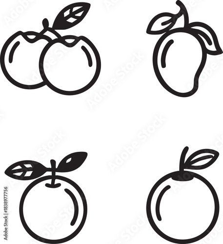 Fruit icons vector: cherry, mango, apple, orange outline illustrations eps silhouette