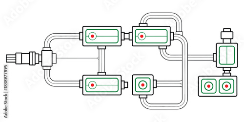 Hydraulic Circuit Diagram with Multi-Cylinder Fluid Controls – Technical Vector Drawing