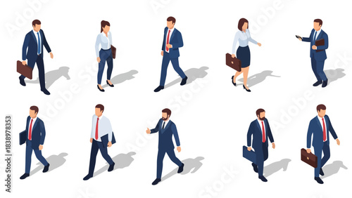 Isometric Business People Walking with Briefcases and Phones, Diverse Professionals