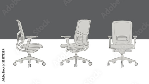 Ergonomic Chair Set: Three Views of Modern Design on White Background