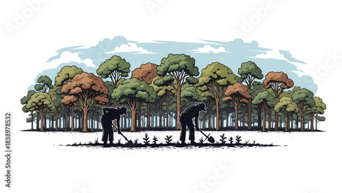 Silhouetted Gardeners Planting Saplings in a Forest Landscape with Lush Trees