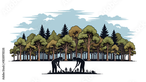 Silhouetted people planting seedlings in front of a dense forest and sky background
