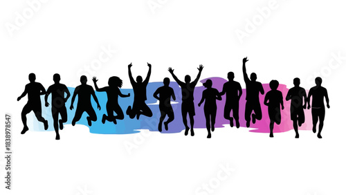 Diverse Group of People Jumping and Running in Silhouette Against Colorful Splash Background