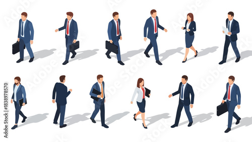 Diverse Group of Business Professionals Walking with Briefcases, Isometric Style