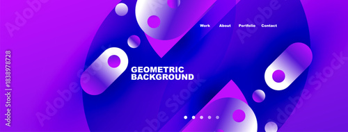 Abstract purple design features overlapping circles, gradients. Text reads Geometric Background with navigation options above. Modern, vibrant aesthetic.