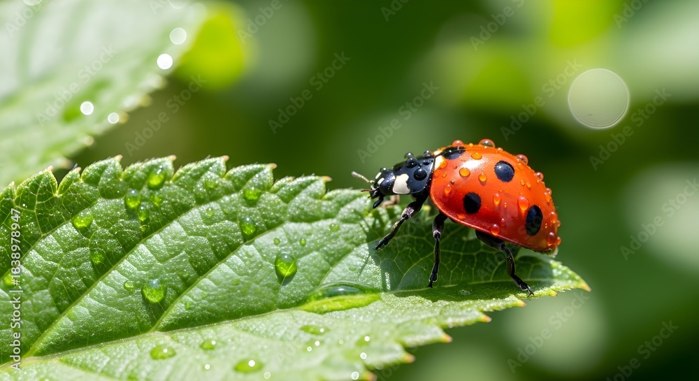 Fototapeta premium Red ladybug with black spots on a dewy green leaf