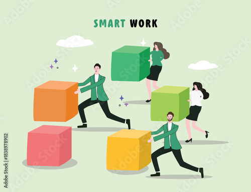 A team works efficiently together, pushing large colored blocks to represent collaboration, growth, and creative effort, highlighting the power of unity in achieving progress.