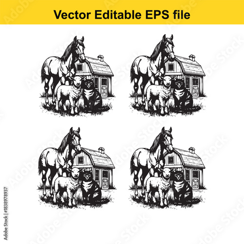  farm animals horse, sheep, and cat in front of a barn, vintage engraving style, rural life scene