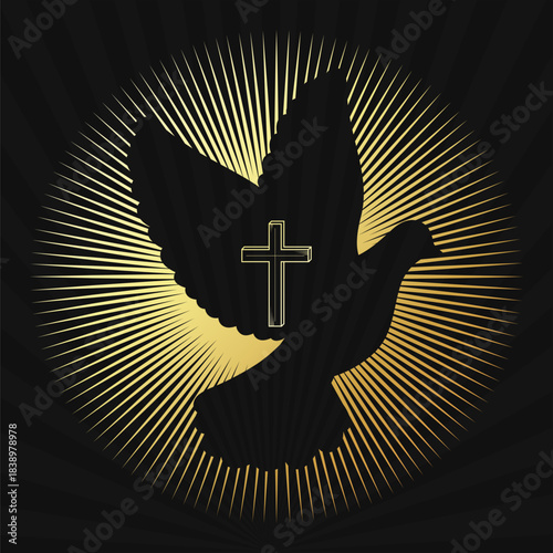 Divine dove of peace and the christian cross with rays