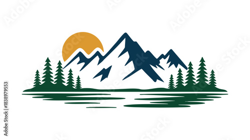 Mountain lake forest sun landscape logo Vector
