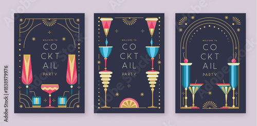 Set of holiday cocktail party posters with cocktail and champagne glasses. Restaurant menu design. Frame design. Vector illustration