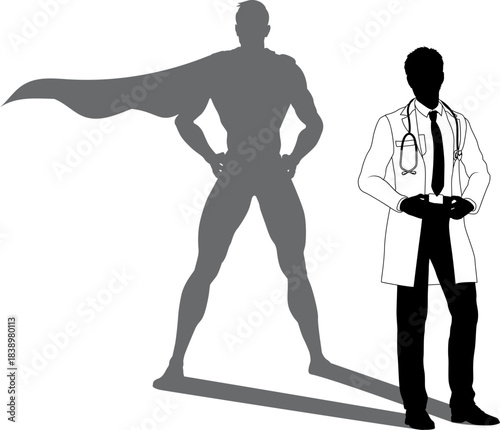 A superhero medical doctor man health care worker revealed by his shadow silhouette as a super hero in a cape.