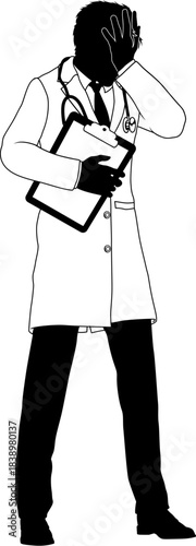 Silhouette doctor man stressed or upset medical healthcare person. In a lab coat holding a clipboard.