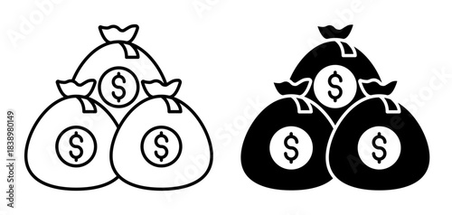 Linear icon. Safe deposit box with money bags. Simple vector isolated on white background