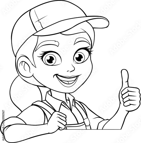 A woman female worker in overalls or dungarees and cap. Could be a plumber, gardener, decorator or possible electrician or mechanic cartoon mascot.