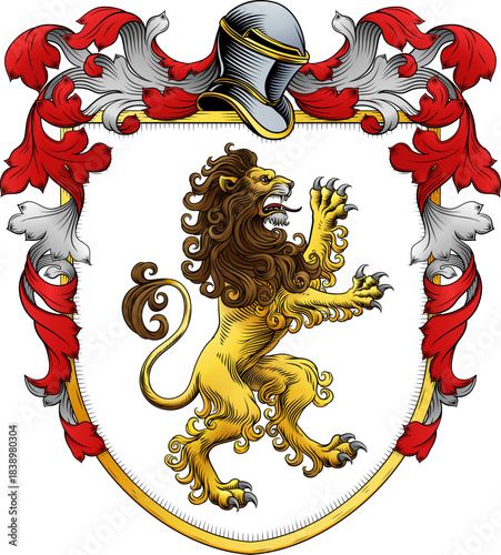 A lion coat of arms or crest family heraldry medieval heraldic knight shield with helmet and acanthus filigree scroll ornament in a vintage woodcut style.