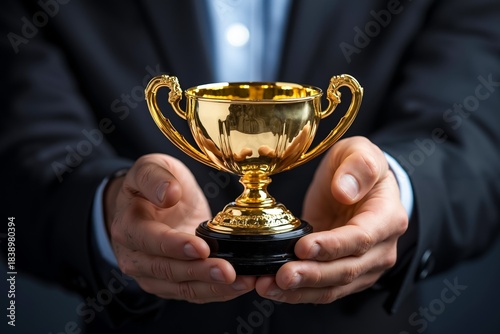 A man in a suit holding a gold trophy in his hands