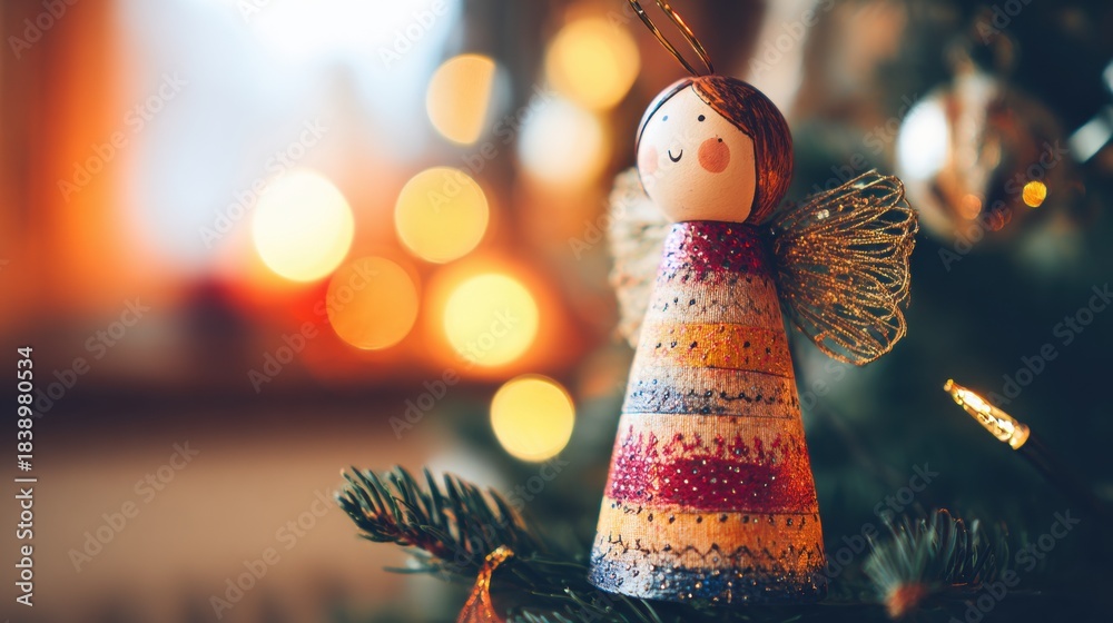 Fototapeta premium Christmas angel ornament on a tree with warm lights in background