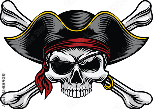 Pirate skull crossbones wearing a tricorn captain hat with crossing bones. In a vintage retro woodcut style.