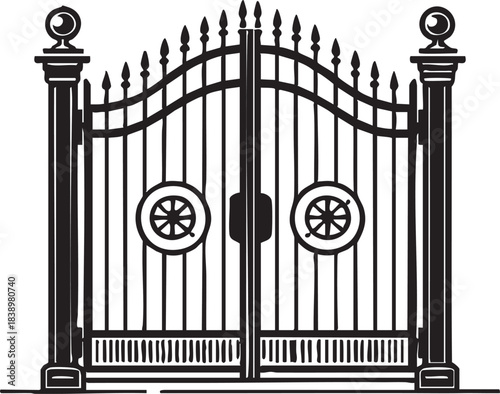 Wrought iron gate vector illustration: ornamental metal gate design eps silhouette