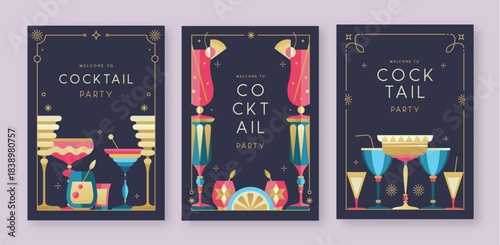 Set of holiday cocktail party posters with cocktail and champagne glasses. Restaurant menu design. Frame design. Vector illustration