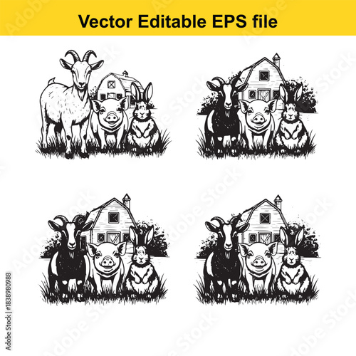  Set of illustrations depicting a goat, pig, and rabbit in front of a barn, highlighting various farm animal combinations