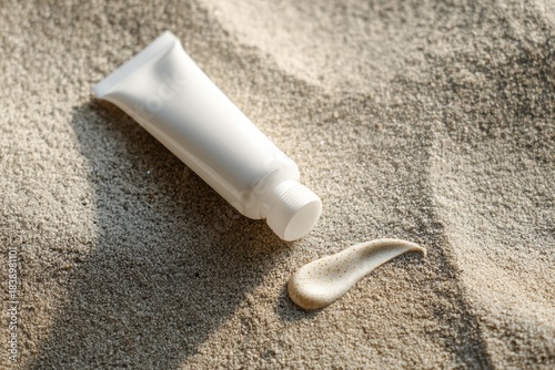 Natural organic skincare product in white tube with creamy texture on sand and pebbles for eco beauty branding packaging design

