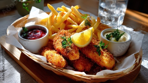 Deep frying fish and chips with sauces and lemon