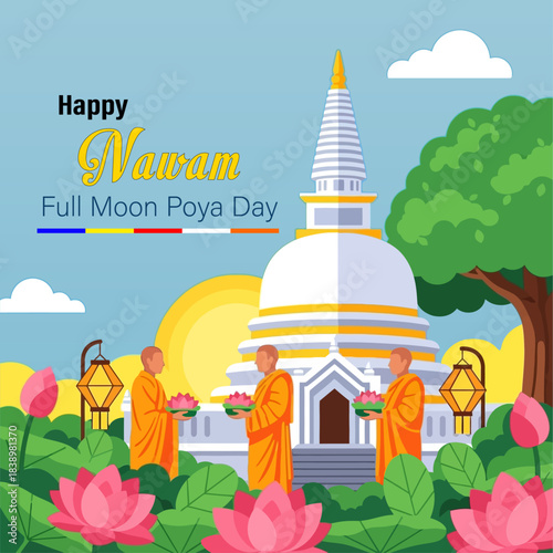 Nawam Poya Day Flyer: Monks Offering Pink Lotus, White Stupa, Pinbara Nawam Pun Pohoya Graphic