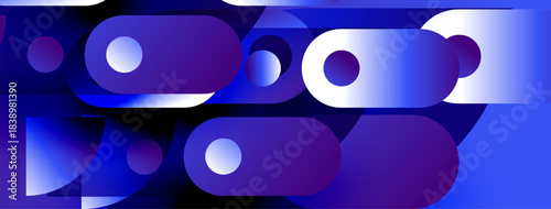 Abstract composition featuring overlapping blue, purple shapes. Circles, rectangles create dynamic visual effect. Modern design elements present.