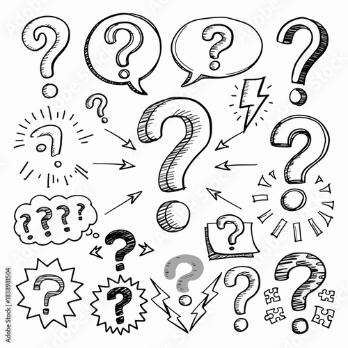 Inquisitive Inquiry: A collection of various question marks and thought bubbles suggests curiosity, problem-solving, and a search for answers. A conceptual design evoking inquiry and thinking. 