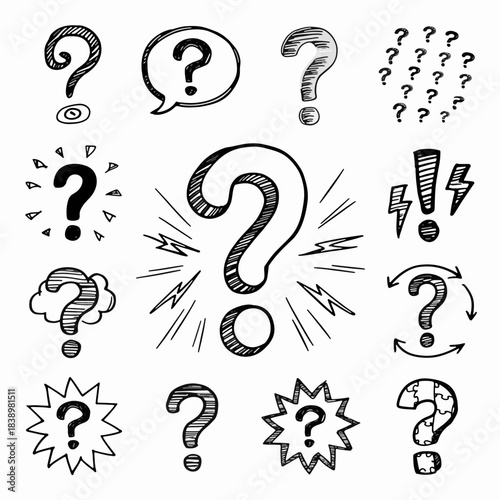 Intriguing Question Mark Collection: A diverse compilation of hand-drawn question mark icons, each with a unique flair, hinting at curiosity, uncertainty, and the power of inquiry.