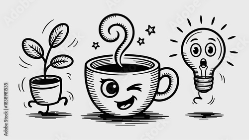 Creative Illustration: Plant, Coffee, and Idea: A whimsical, hand-drawn illustration featuring a lively plant in a pot, a cheerful coffee cup, and an illuminating light bulb. Together.