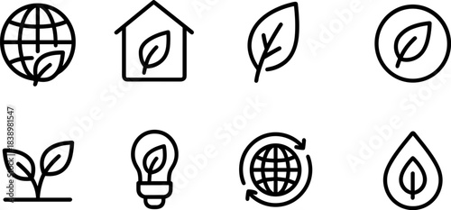 Eco love and planet protection icons. Earth, heart, leaf, sustainability outline set