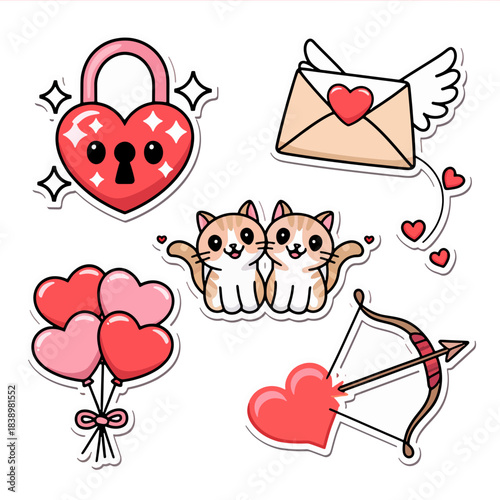 Lovely Valentine's Collection: Adorable Valentine's themed elements, from heart-shaped locks and love letters to charming cats and romantic arrows, designed for celebrating affection and love.
