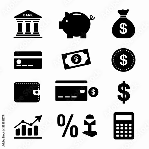 Finance Icons: A concise graphic compilation of financial elements including a bank, piggy bank, money bag, credit card, paper currency, coin, wallet, credit card with coin, dollar sign, growth chart.