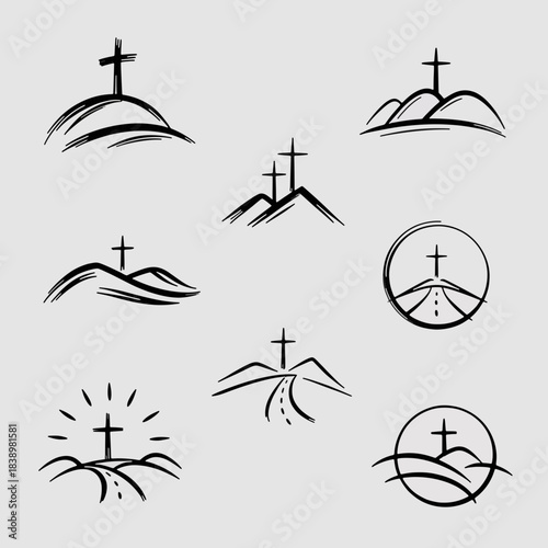 Symbol of Faith: A collection of simple yet elegant cross illustrations, each representing faith and spirituality with subtle variations in design. Embodying the core values of hope, redemption.