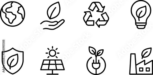 Eco love and planet protection icons. Earth, heart, leaf, sustainability outline set
