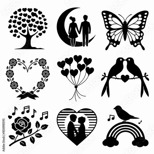 Love Icons: An assortment of love-themed graphics. Including a tree shaped from hearts, a couple holding hands under a crescent moon, a butterfly, heart wreath, heart-shaped balloons, lovebirds.