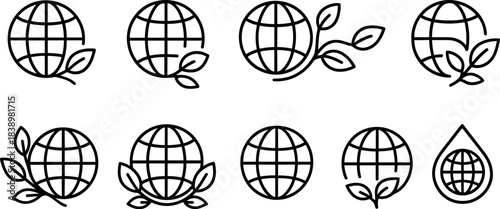 Eco love and planet protection icons. Earth, heart, leaf, sustainability outline set