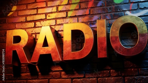 Golden 3 D R A D I O Letters on Graffiti Brick Wall with Dramatic Lighting radio metallic